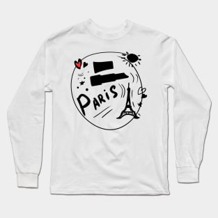 Black drawing with a red heart. Stylish print on the theme of Paris. Long Sleeve T-Shirt